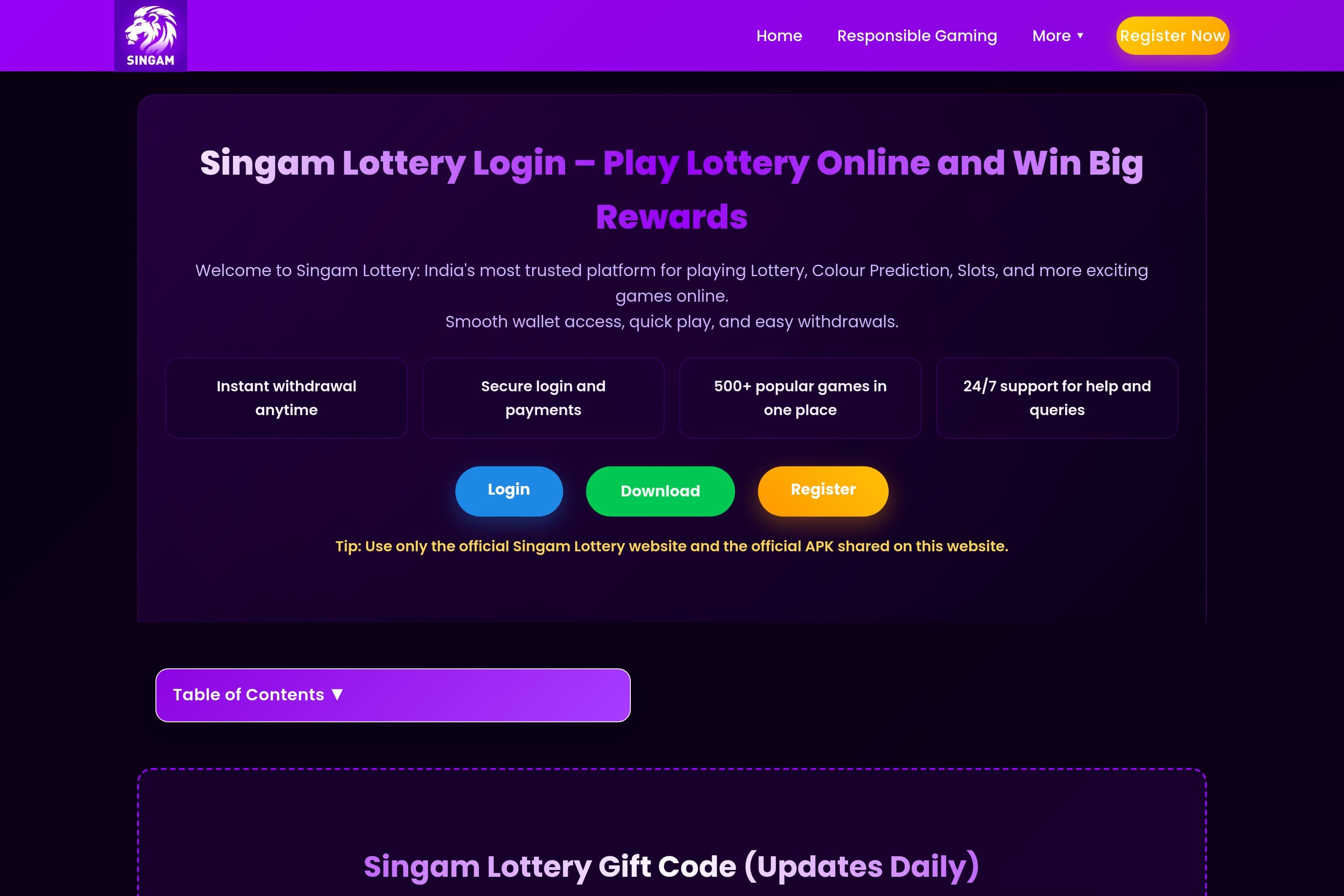 Singam Lottery Login
