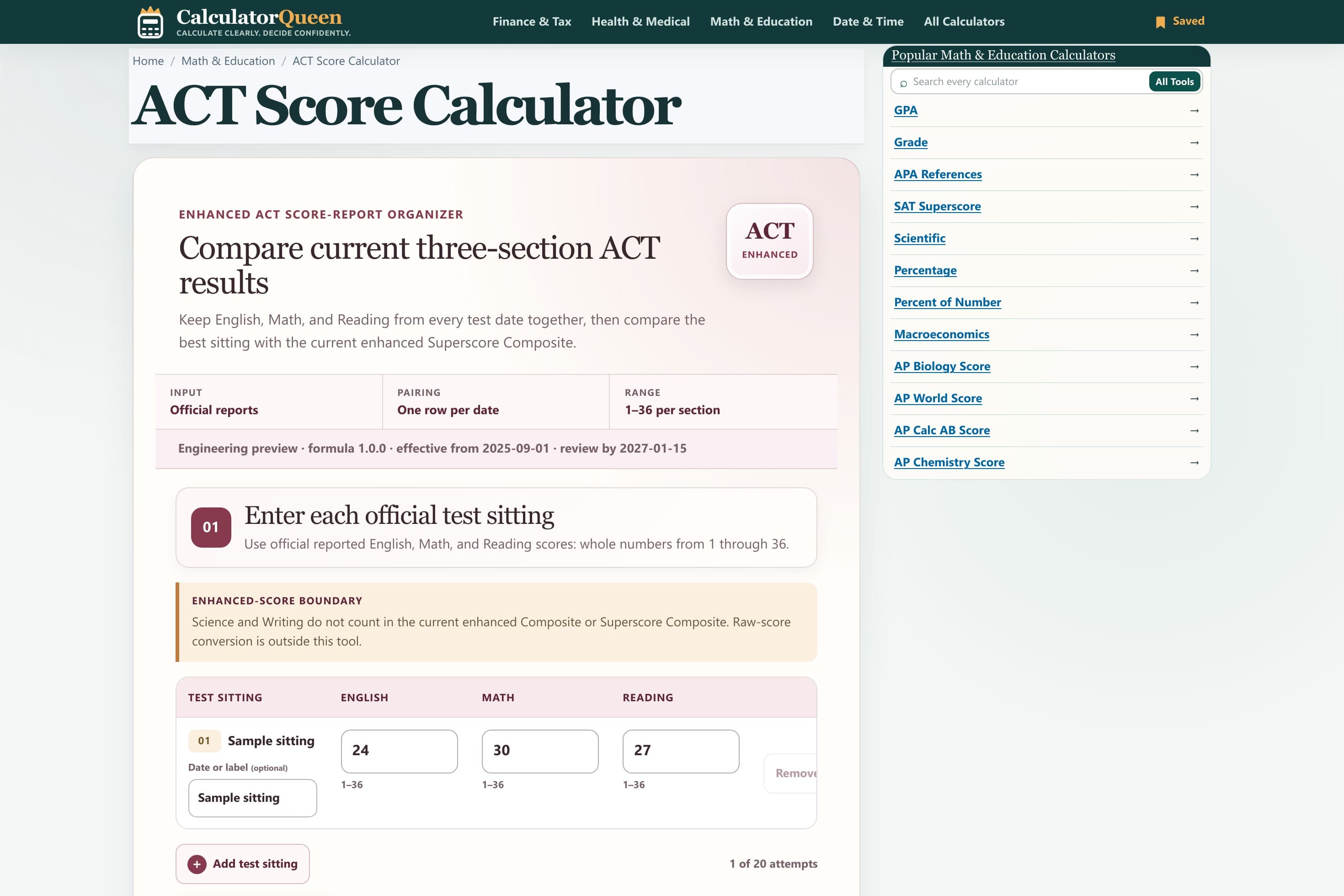 ACT Score Calculator for Enhanced Scores | CalculatorQueen